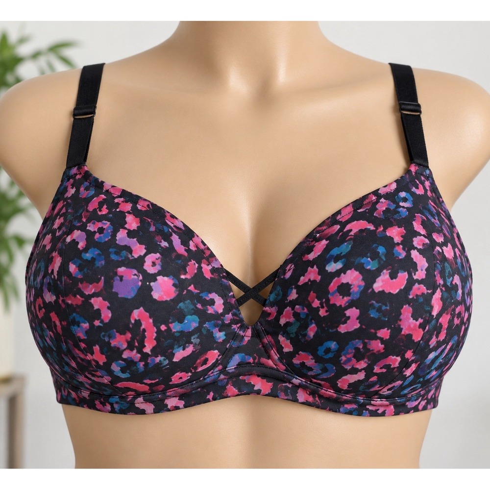 Torrid Bra 42D Black Pink Blue Leopard Print Wireless Padded Plus Size